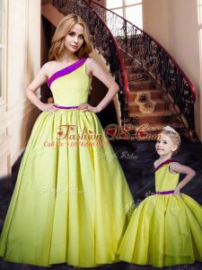 Floor Length Yellow Prom Dresses One Shoulder Sleeveless Lace Up