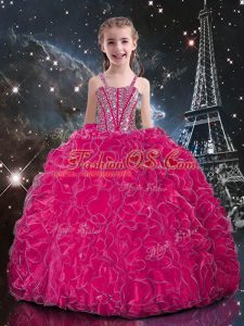 Floor Length Fuchsia Pageant Gowns For Girls Straps Sleeveless Lace Up