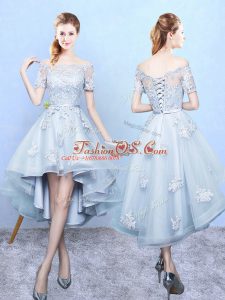 Dramatic Light Blue Off The Shoulder Lace Up Lace Quinceanera Court of Honor Dress Short Sleeves