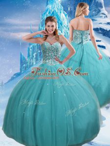 High End Aqua Blue Lace Up Quinceanera Dress Beading and Sequins Sleeveless Floor Length