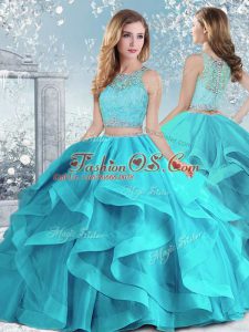 Aqua Blue Sleeveless Organza Clasp Handle Vestidos de Quinceanera for Military Ball and Sweet 16 and Quinceanera