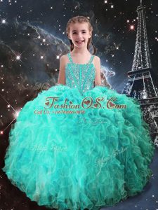 Floor Length Lace Up Kids Formal Wear Turquoise for Quinceanera and Wedding Party with Beading and Ruffles