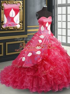 Coral Red Sleeveless Brush Train Embroidery and Ruffled Layers Quinceanera Gown