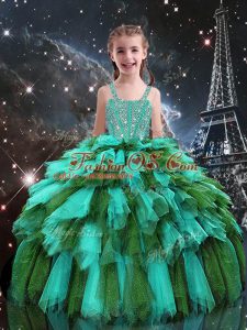 Straps Sleeveless Lace Up Kids Pageant Dress Turquoise Tulle