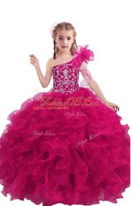 New Arrival Organza One Shoulder Sleeveless Lace Up Beading and Ruffles Kids Formal Wear in Fuchsia