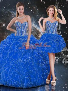 Luxurious Blue Ball Gowns Beading and Ruffles Quinceanera Dresses Lace Up Organza Sleeveless Floor Length