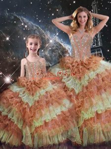Floor Length Multi-color Quinceanera Gowns Organza Sleeveless Beading and Ruffled Layers and Sequins