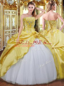 Floor Length Gold Sweet 16 Dress Strapless Sleeveless Lace Up