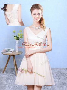 Sophisticated Champagne Lace Up V-neck Ruching Court Dresses for Sweet 16 Chiffon Sleeveless