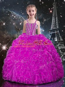 Fabulous Fuchsia Lace Up Kids Pageant Dress Beading and Ruffles Sleeveless Floor Length