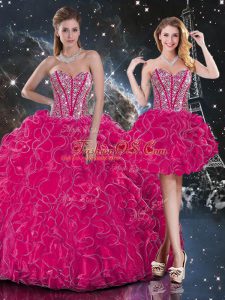 Hot Pink Organza Lace Up Quince Ball Gowns Sleeveless Floor Length Beading and Ruffles