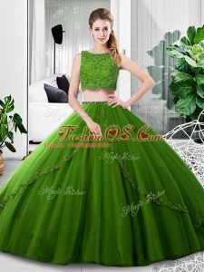 Best Selling Sleeveless Floor Length Lace and Ruching Zipper Quinceanera Gown with Olive Green