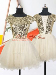 Champagne Scoop Neckline Sequins Short Sleeves Lace Up