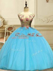 Fantastic Sleeveless Organza Floor Length Lace Up Ball Gown Prom Dress in Baby Blue with Appliques