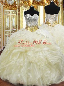 Fine Organza Sweetheart Sleeveless Lace Up Beading and Ruffles Quinceanera Gowns in Light Yellow