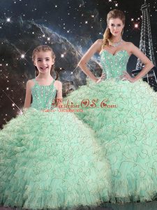 Inexpensive Sleeveless Floor Length Beading and Ruffles Lace Up Ball Gown Prom Dress with Apple Green