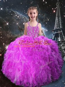 Sleeveless Floor Length Beading and Ruffles Lace Up Little Girl Pageant Gowns with Fuchsia