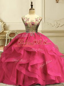 Flirting Sleeveless Floor Length Appliques and Ruffles Lace Up Sweet 16 Dresses with Hot Pink