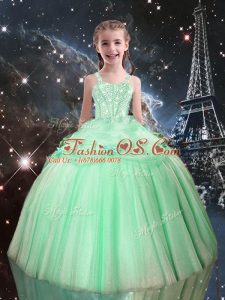 Apple Green Ball Gowns Straps Sleeveless Tulle Floor Length Lace Up Beading Kids Formal Wear