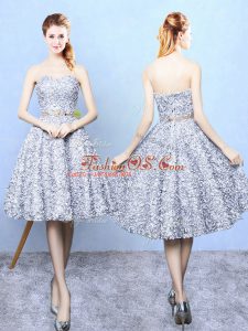 Edgy Belt Court Dresses for Sweet 16 Grey Lace Up Sleeveless Knee Length