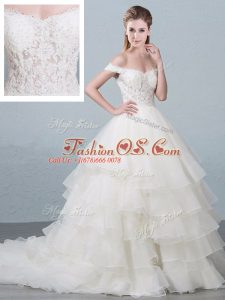 Organza Sleeveless Bridal Gown Brush Train and Lace and Ruffled Layers