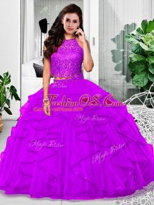 Wonderful Eggplant Purple Zipper Halter Top Lace and Ruffles Sweet 16 Dresses Tulle Sleeveless