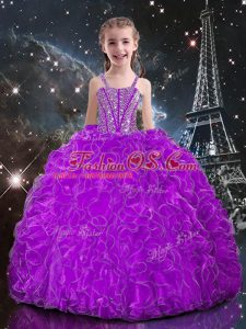 Sleeveless Organza Floor Length Lace Up Pageant Gowns For Girls in Eggplant Purple with Beading and Ruffles