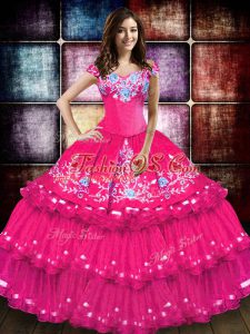 Hot Pink Lace Up Ball Gown Prom Dress Embroidery and Ruffled Layers Sleeveless Floor Length