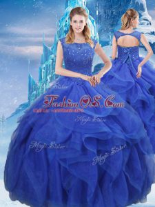Amazing Bateau Sleeveless Organza Ball Gown Prom Dress Ruffles and Sequins Lace Up