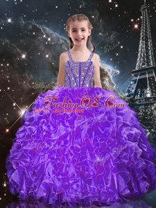 Beauteous Straps Sleeveless Organza Child Pageant Dress Beading and Ruffles Lace Up