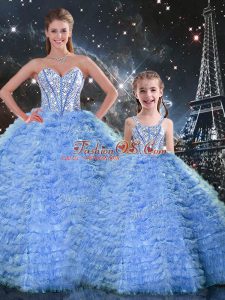 Dramatic Sweetheart Sleeveless Ball Gown Prom Dress Floor Length Beading and Ruffles Blue Tulle