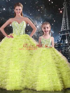 Inexpensive Yellow Green Tulle Lace Up Sweetheart Sleeveless Floor Length Sweet 16 Dresses Beading and Ruffles