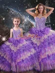 Unique Multi-color Ball Gowns Beading and Ruffled Layers and Sequins Sweet 16 Quinceanera Dress Lace Up Organza Sleeveless Floor Length