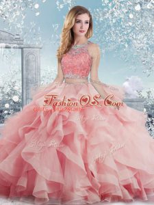 Graceful Baby Pink Quinceanera Dresses Military Ball and Sweet 16 and Quinceanera with Beading and Ruffles Scoop Sleeveless Clasp Handle