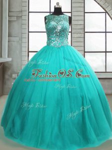 Sophisticated Turquoise Sleeveless Tulle Lace Up Ball Gown Prom Dress for Military Ball and Sweet 16 and Quinceanera