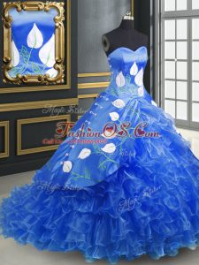 Blue 15th Birthday Dress Military Ball and Sweet 16 and Quinceanera with Embroidery and Ruffles Sweetheart Sleeveless Brush Train Lace Up