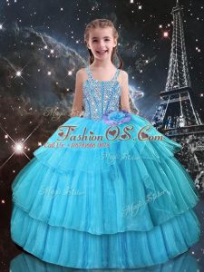 Ball Gowns Pageant Gowns For Girls Aqua Blue Straps Organza Sleeveless Floor Length Lace Up
