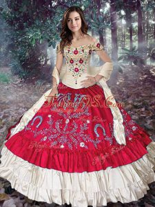 Taffeta Off The Shoulder Sleeveless Lace Up Embroidery and Ruffled Layers Quinceanera Gowns in Red