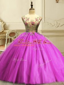 Nice Appliques and Sequins Ball Gown Prom Dress Fuchsia Lace Up Sleeveless Floor Length