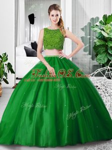 Popular Green Tulle Zipper Quinceanera Gowns Sleeveless Floor Length Lace and Ruching