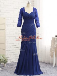 Elegant Blue Zipper Sweetheart Beading and Lace and Appliques and Ruching Mother Of The Bride Dress Chiffon 3 4 Length Sleeve