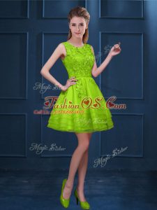 Green Tulle Zipper Bridesmaid Gown Sleeveless Knee Length Lace and Ruffled Layers