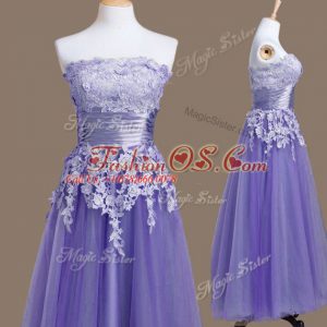 Dazzling Tea Length Lavender Wedding Party Dress Tulle Sleeveless Appliques