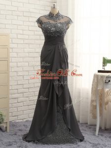 Black Column/Sheath Chiffon High-neck Cap Sleeves Lace and Ruching Floor Length Zipper Mother Of The Bride Dress