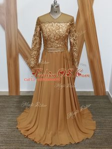 Brown Mother Of The Bride Dress Prom and Sweet 16 with Lace High-neck Long Sleeves Brush Train Zipper