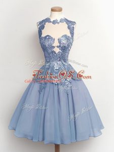 A-line Quinceanera Court of Honor Dress Light Blue High-neck Chiffon Sleeveless Knee Length Lace Up