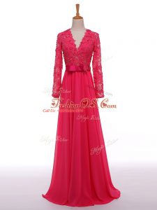 Super Lace and Appliques and Belt Mother Of The Bride Dress Hot Pink Zipper Long Sleeves Floor Length