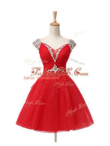 Suitable Red A-line Tulle V-neck Cap Sleeves Beading and Sequins Mini Length Lace Up