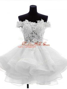 White Zipper Prom Gown Beading and Lace and Ruffles Sleeveless Mini Length