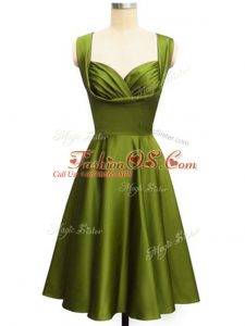 Fine Olive Green Empire Ruching Bridesmaids Dress Lace Up Taffeta Sleeveless Knee Length